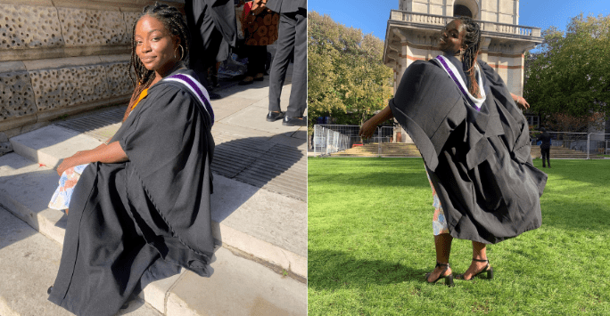 student in graduation cap and gown in the sunshine