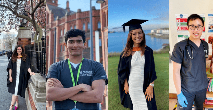 collage of students smiling to camera, some in scrubs, some in graduation gear