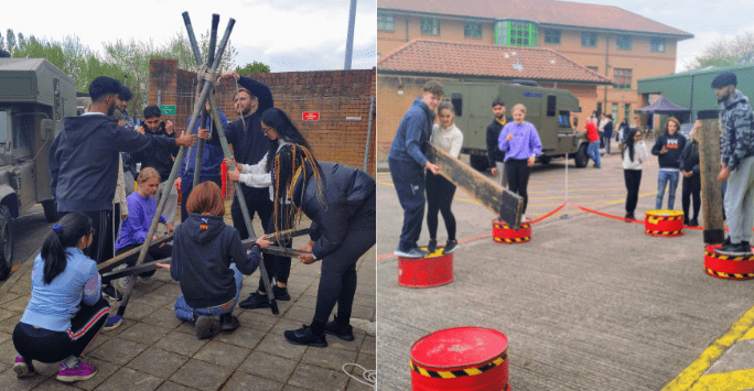 students participate in an army training activity