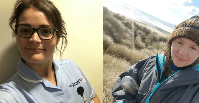 one woman in nurse's uniform and another woman on sand dunes at the beach