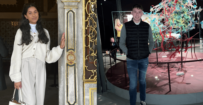 female student at the entrance of a monument, male student at a science exhibition