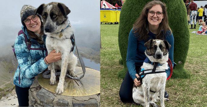 woman posing with a dog on top of a mountain and with same dog on a green lawn