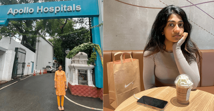 student doctor outside clinical institute and sat at a table with coffee