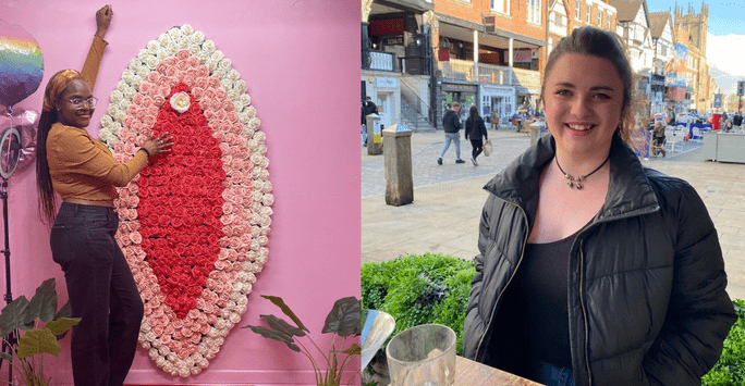 a woman with a floral display of a vagina, a woman sitting at an outdoor cafe