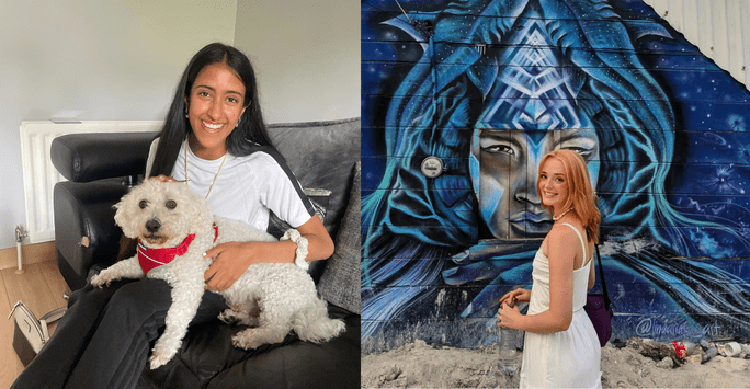 a woman cuddling a dog, a woman in front of a blue mural