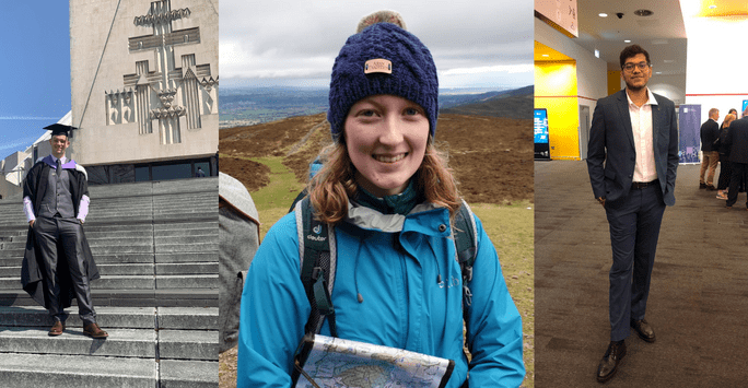 a graduate on the steps of the cathedral, a woman hiking in the mountains, a man in a suit