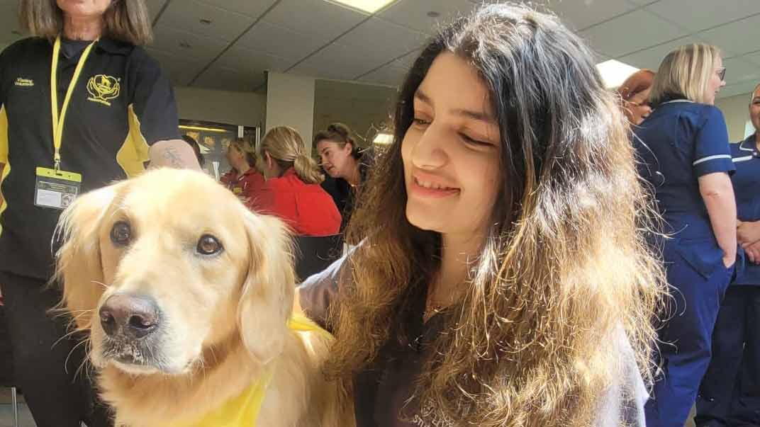 student in scrubs with therapy dog