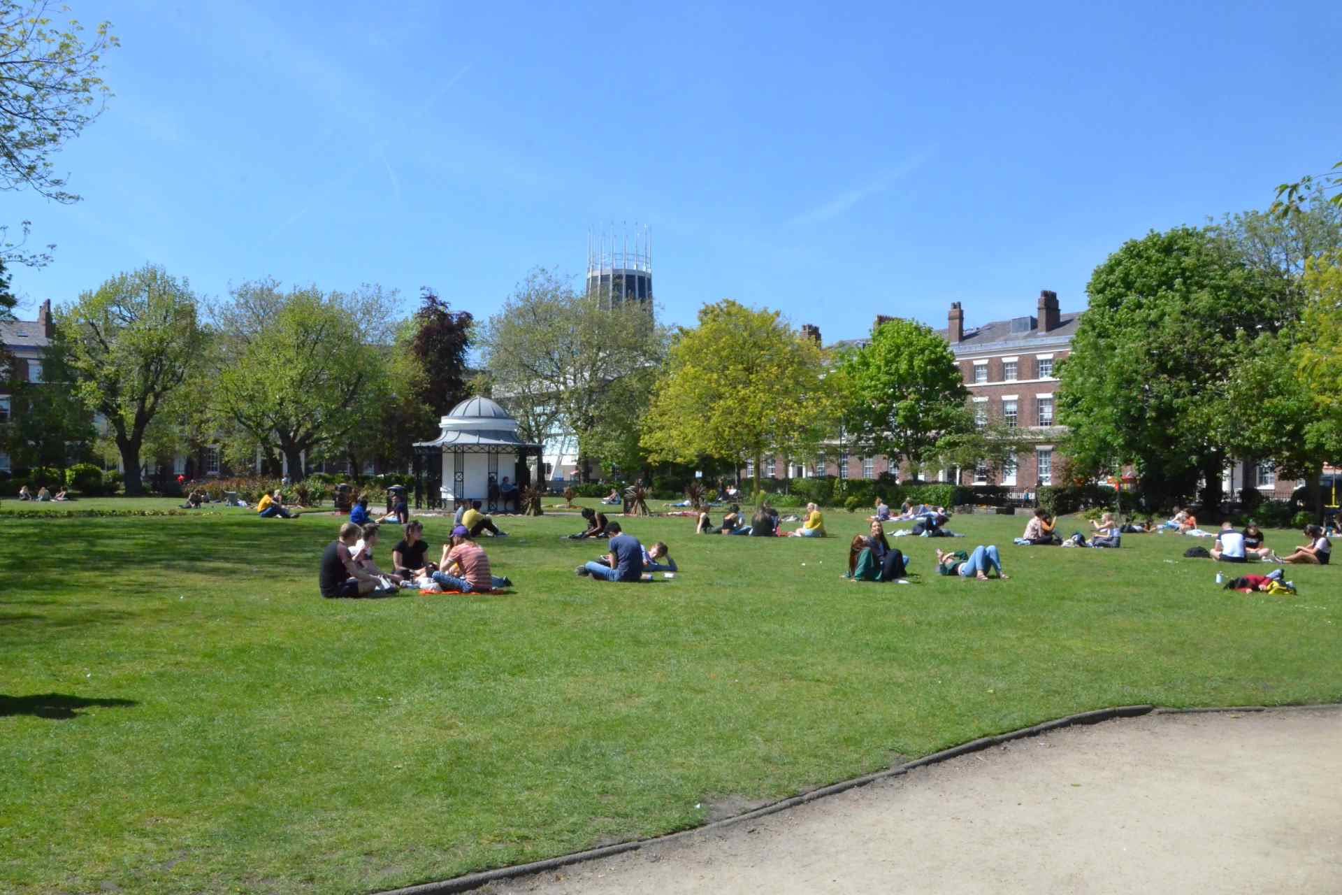 Students on the grass in the sunshine in Abercromby Square