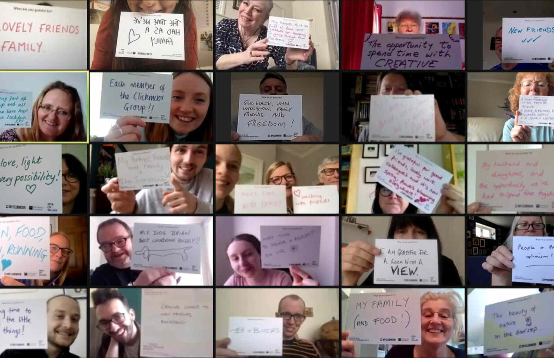 Photo of a zoom call with participants holding up cards