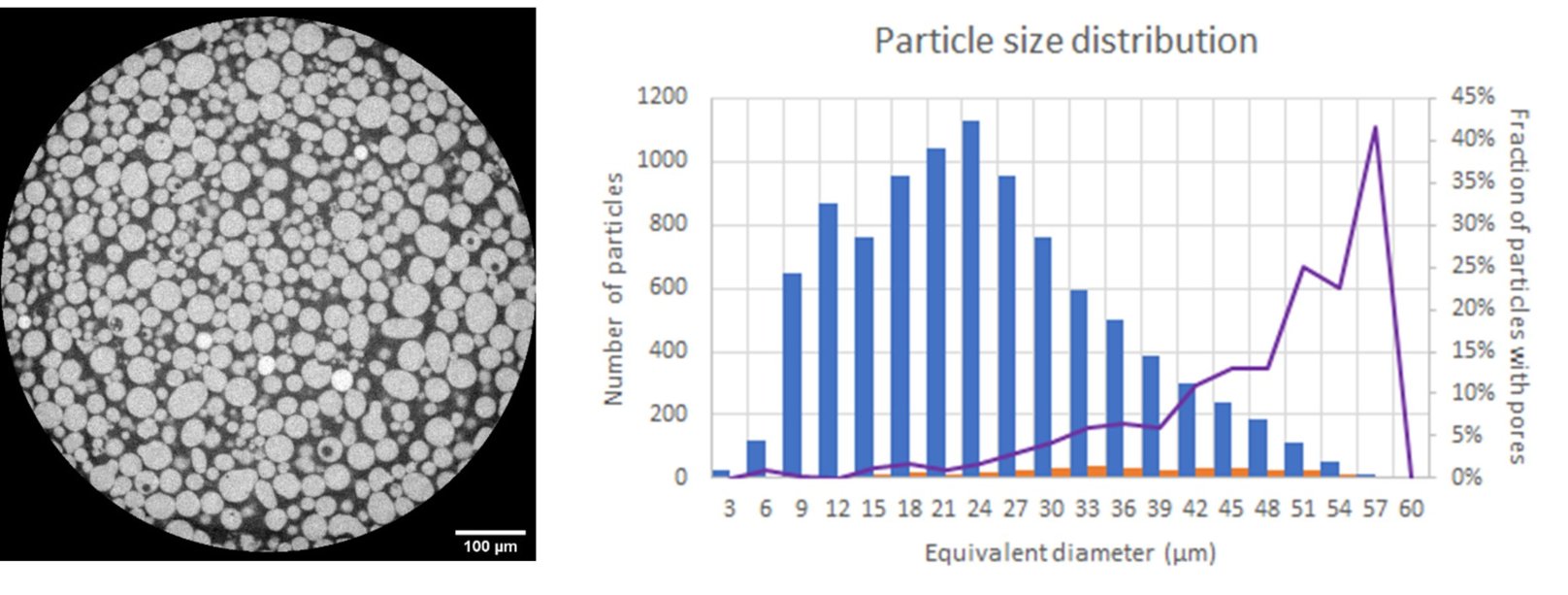 XCT slice image of metal powder and the resulting size distribution