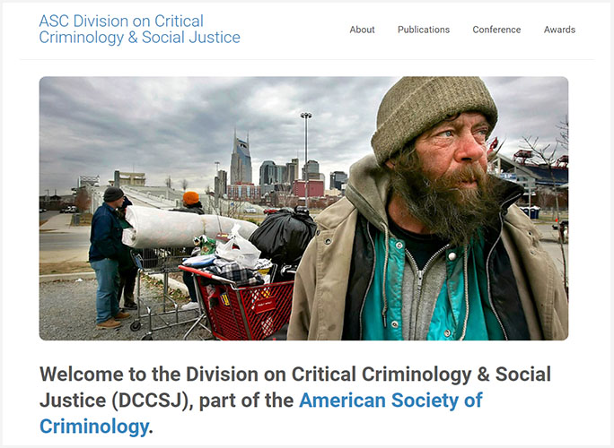 ASC Division on Critical Criminology and Social Justice homepage featuring a photograph of two homeless men