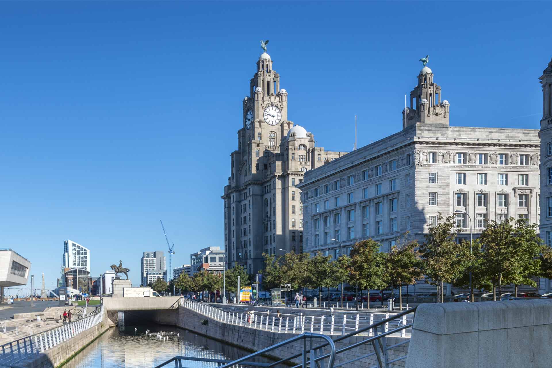 A view of the Liver Buildings from the Liverpool waterfront