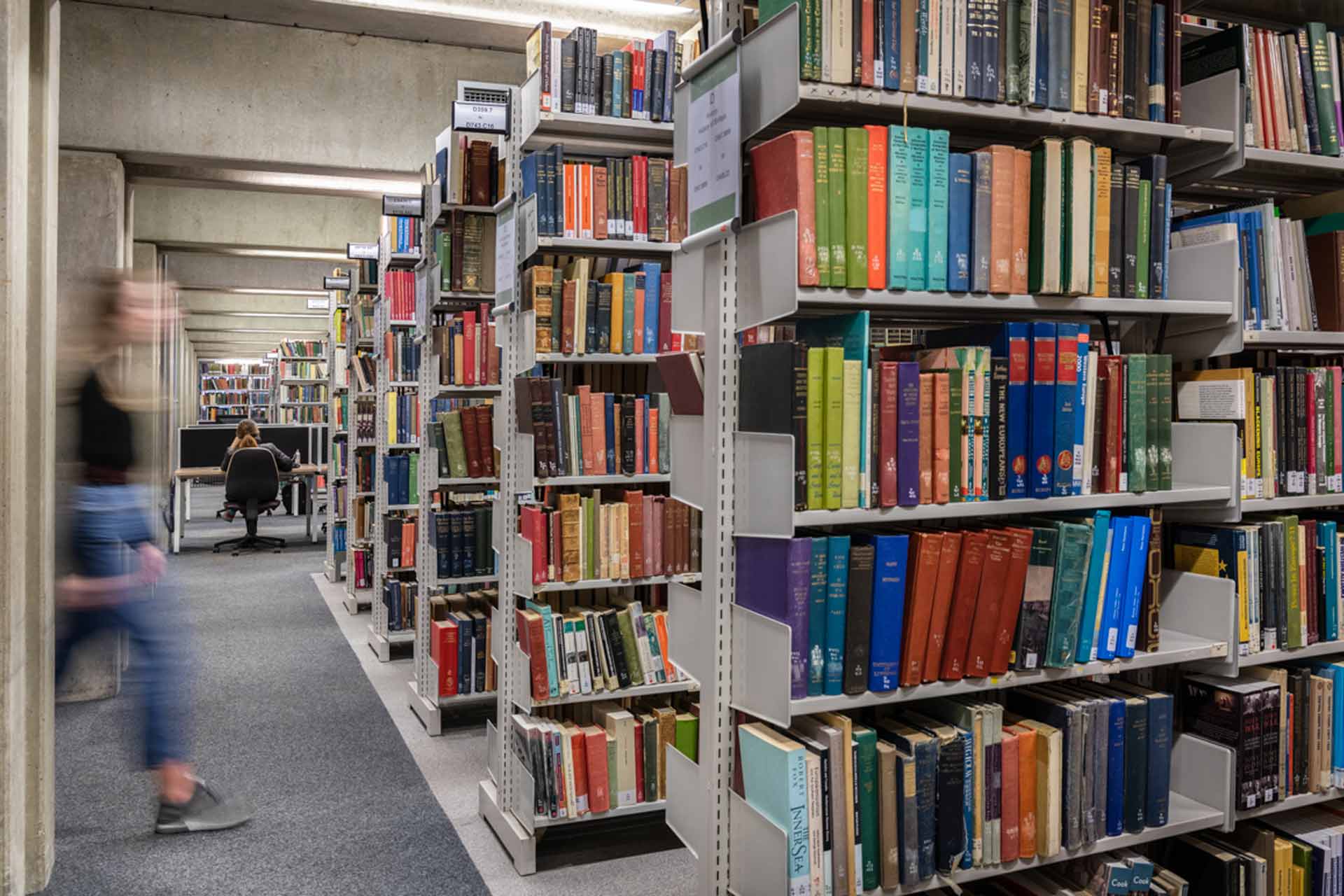 Bookshelves in Sydney Jones Library