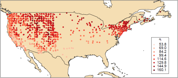 Map showing the variation of first bloom dates of lilacs throughout the United States